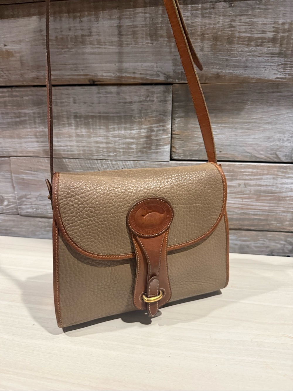 Dooney & Bourke Vintage Taupe Pebbled Leather Crossbody with Brown Trim